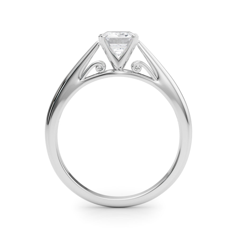 Silver Emerald Solitaire Diamond Engagement Ring with Cathedral Setting and Four-Prong Mount on a Classic Band