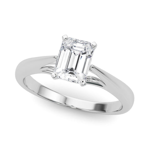 Platinum Emerald Solitaire Diamond Engagement Ring with Cathedral Setting and Four-Prong Mount on a Classic Band