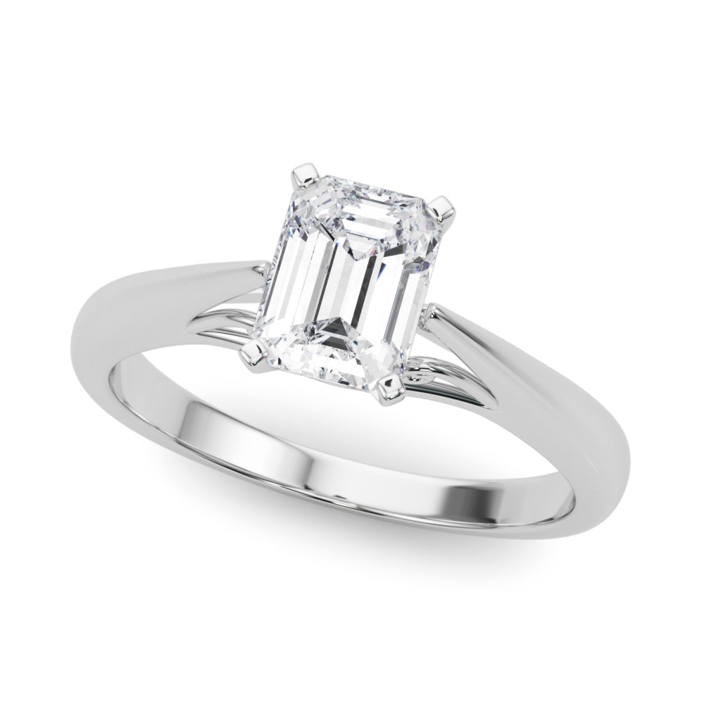 White gold Radiant Solitaire Diamond Engagement Ring with Cathedral Setting and Four-Prong Mount on a Classic Band