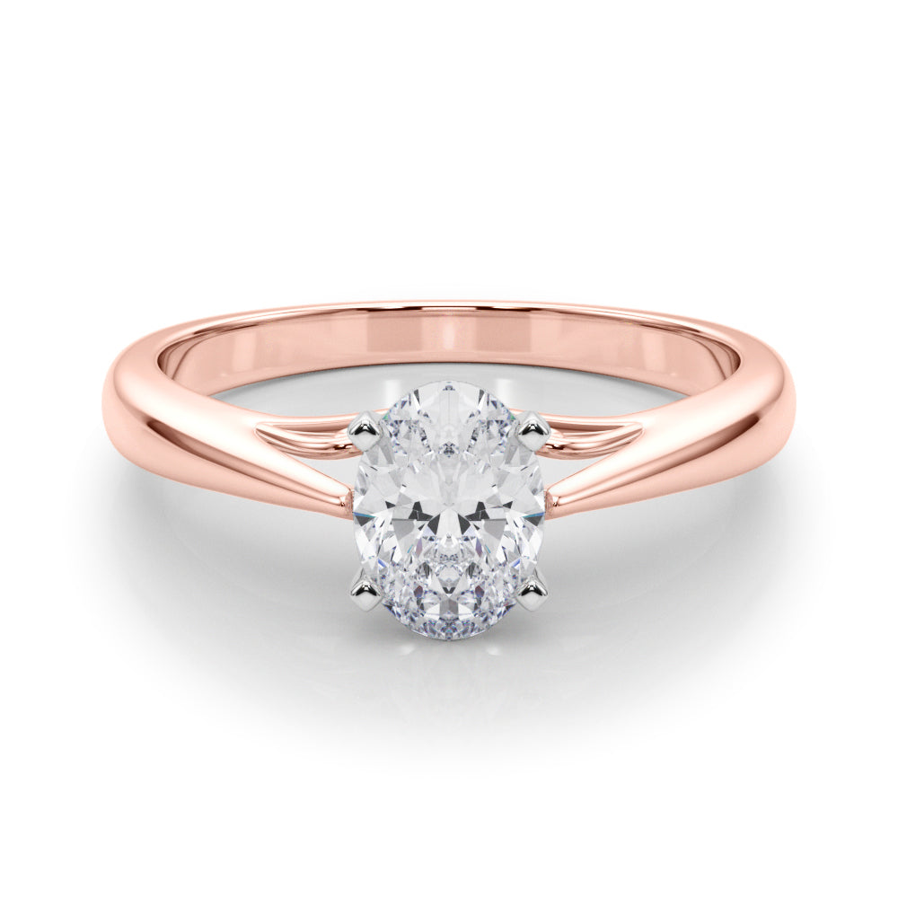 Rose gold Oval Solitaire Diamond Engagement Ring with Cathedral Setting and Four-Prong Mount on a Classic Band