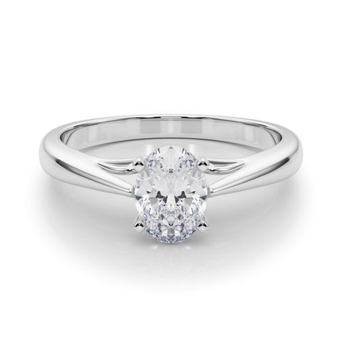 White gold Oval Solitaire Diamond Engagement Ring with Cathedral Setting and Four-Prong Mount on a Classic Band