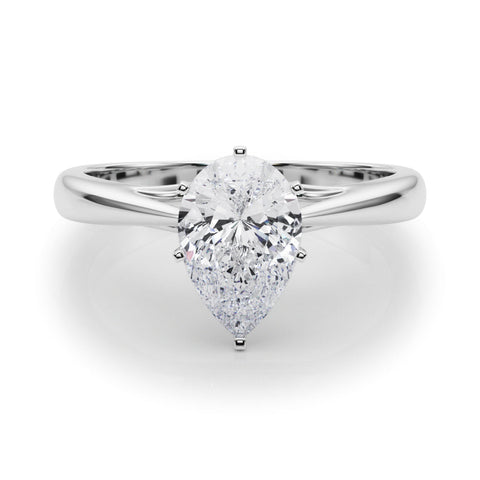 Platinum Pear Solitaire Diamond Engagement Ring with Cathedral Setting and Four-Prong Mount on a Classic Band