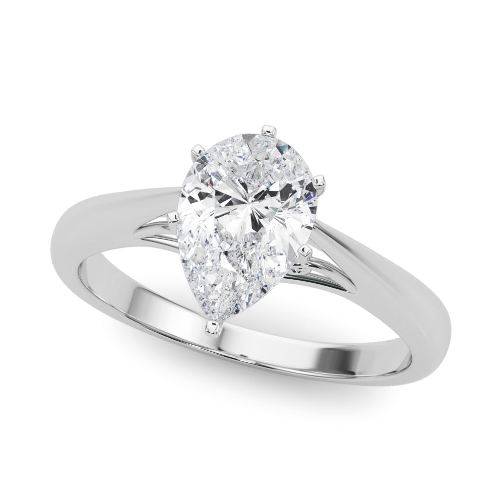 Platinum Pear Solitaire Diamond Engagement Ring with Cathedral Setting and Four-Prong Mount on a Classic Band