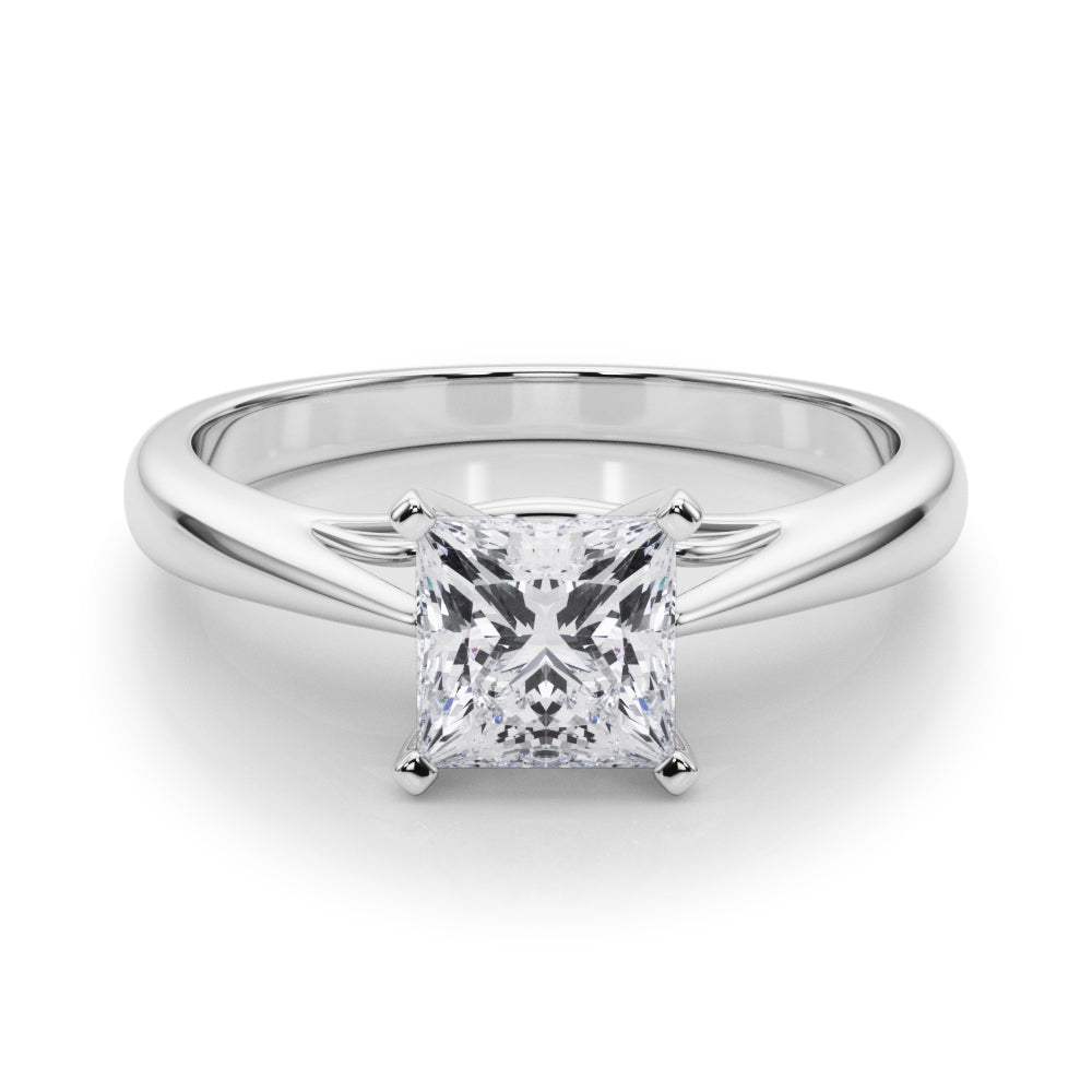 Platinum Princess Solitaire Diamond Engagement Ring with Cathedral Setting and Four-Prong Mount on a Classic Band