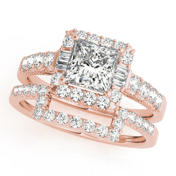 Rose gold Princess Cut Halo Diamond Engagement Ring with Pavé Band and Four-Prong Setting