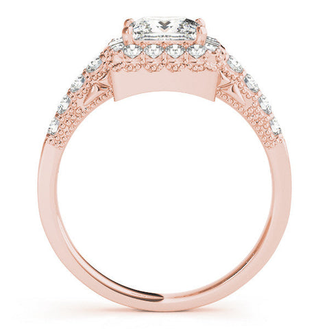 Rose gold Princess Cut Halo Diamond Engagement Ring with Pavé Band and Four-Prong Setting