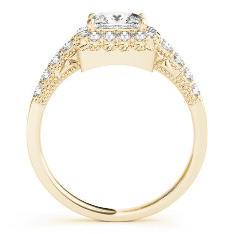Yellow gold Princess Cut Halo Diamond Engagement Ring with Pavé Band and Four-Prong Setting
