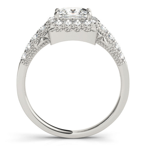 White gold Princess Cut Halo Diamond Engagement Ring with Pavé Band and Four-Prong Setting