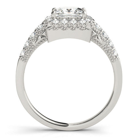White gold Princess Cut Halo Diamond Engagement Ring with Pavé Band and Four-Prong Setting