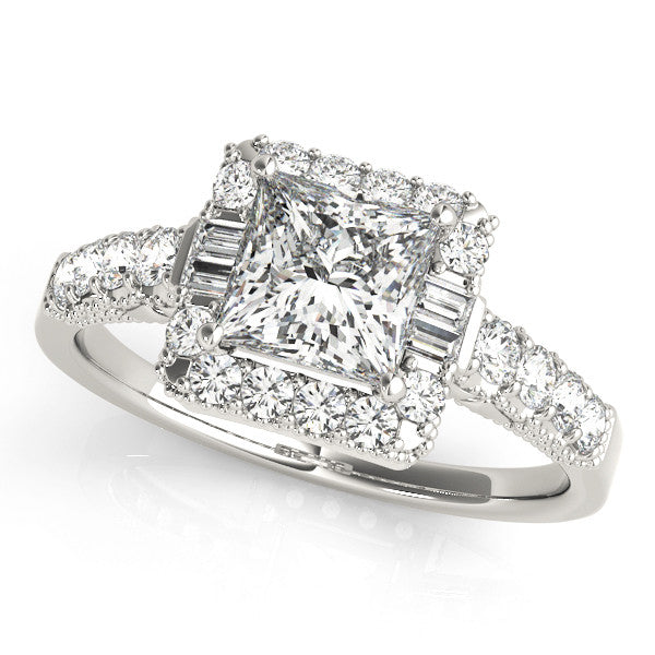 Platinum Princess Cut Halo Diamond Engagement Ring with Pavé Band and Four-Prong Setting