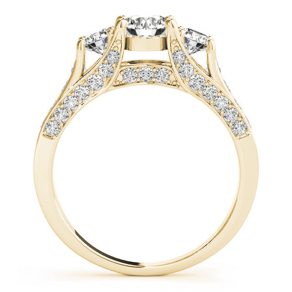 Yellow gold Three-Stone Round Cut Diamond Ring with Channel-Set Band and Four-Prong Setting