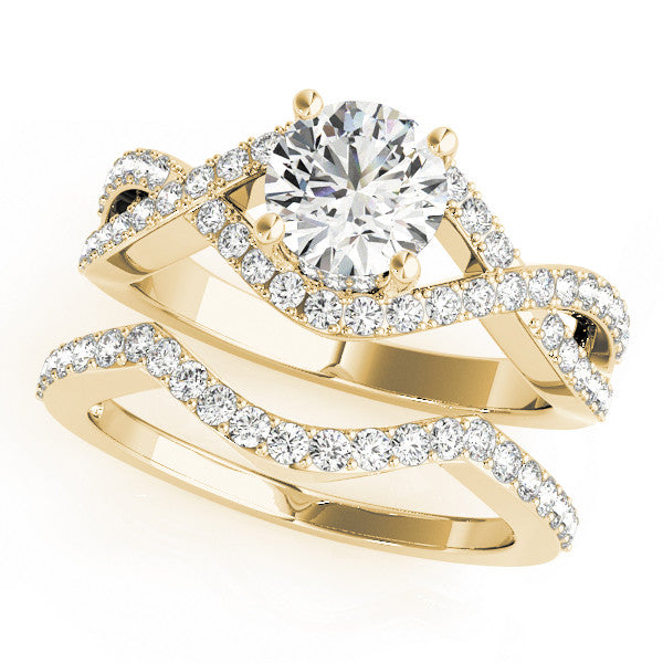 Yellow gold Round Solitaire Twist Band Pavé Diamond Engagement Ring