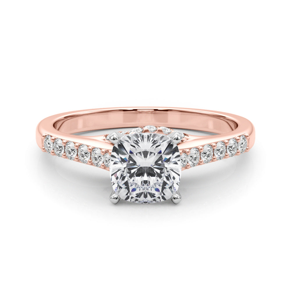 Rose gold Cushion Solitaire Diamond Ring with Pavé Band and Four-Prong Setting