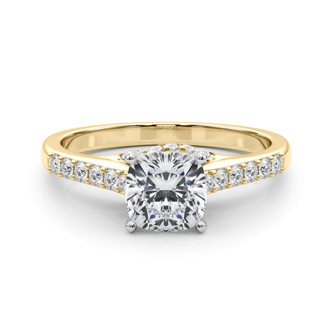 Yellow gold Cushion Solitaire Diamond Ring with Pavé Band and Four-Prong Setting