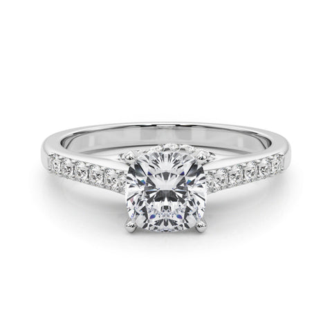 Platinum Cushion Solitaire Diamond Ring with Pavé Band and Four-Prong Setting