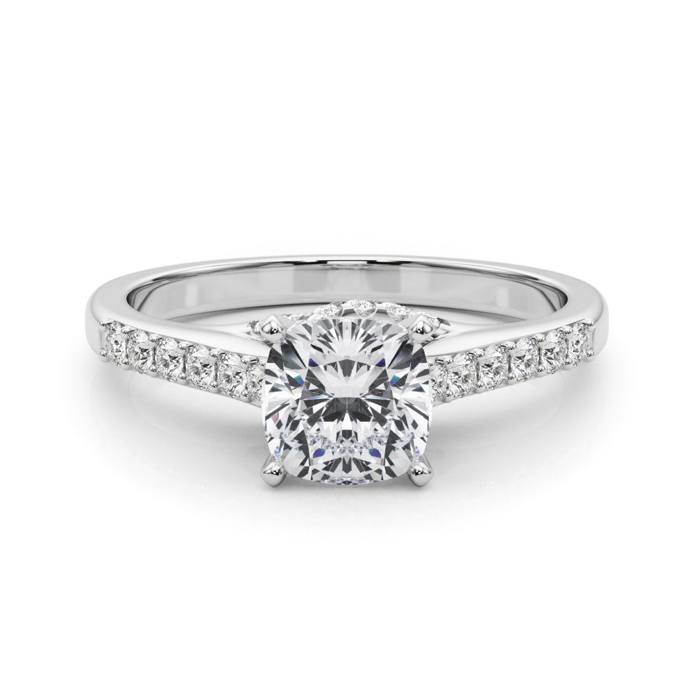 Platinum Cushion Solitaire Diamond Ring with Pavé Band and Four-Prong Setting