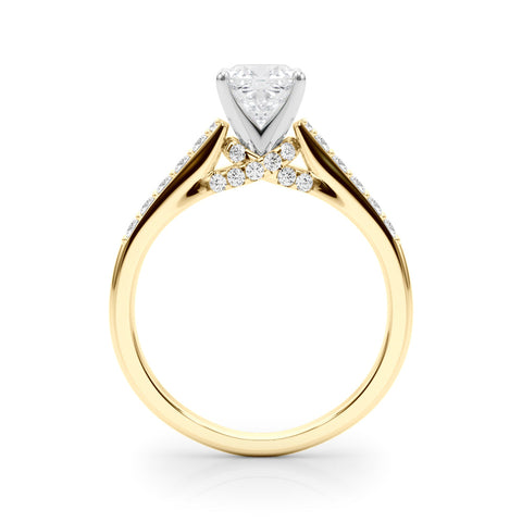 Yellow gold Cushion Solitaire Diamond Ring with Pavé Band and Four-Prong Setting