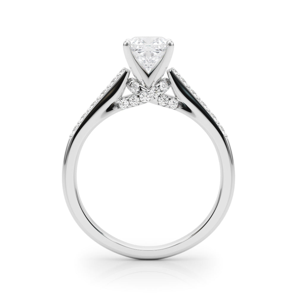 Silver Cushion Solitaire Diamond Ring with Pavé Band and Four-Prong Setting