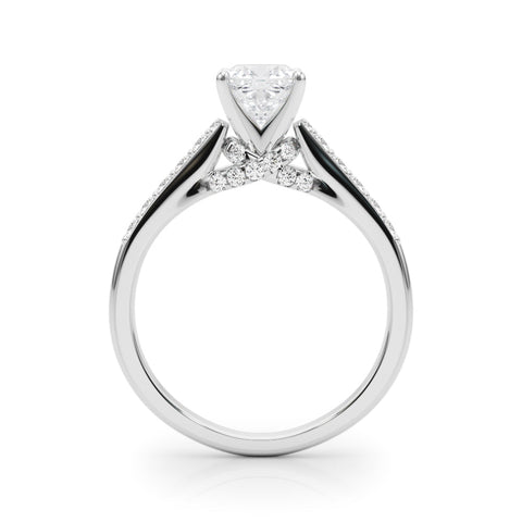 Silver Cushion Solitaire Diamond Ring with Pavé Band and Four-Prong Setting