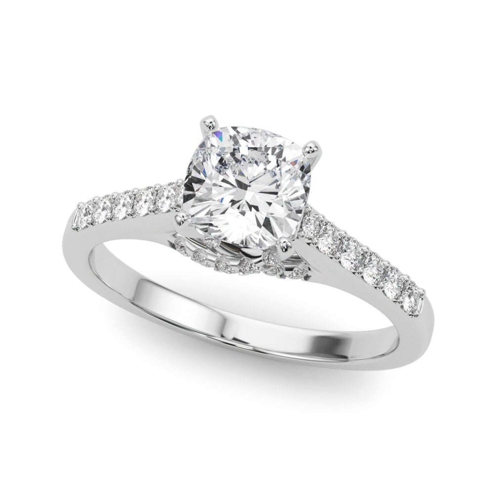 White gold Cushion Solitaire Diamond Ring with Pavé Band and Four-Prong Setting