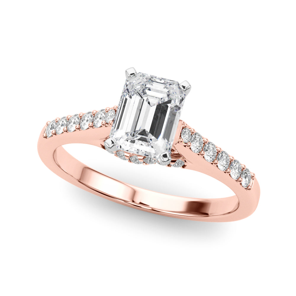 Rose gold Radiant Solitaire Diamond Ring with Pavé Band and Four-Prong Setting