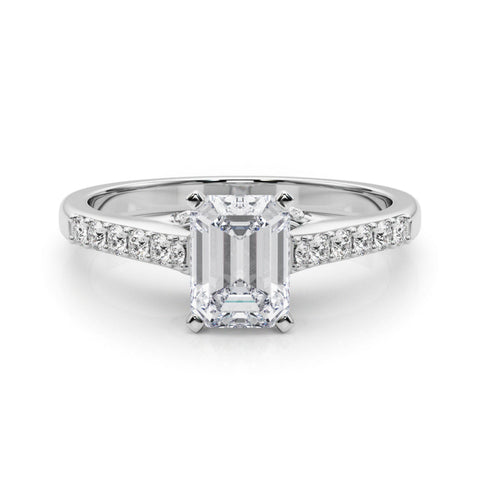 White gold Radiant Solitaire Diamond Ring with Pavé Band and Four-Prong Setting