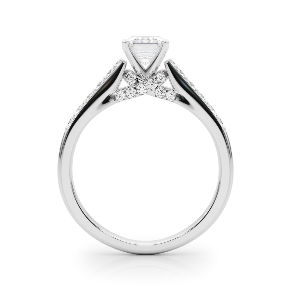 Silver Radiant Solitaire Diamond Ring with Pavé Band and Four-Prong Setting