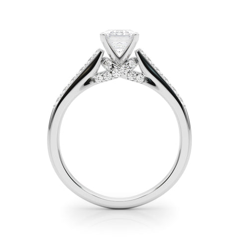 Platinum Emerald Solitaire Diamond Ring with Pavé Band and Four-Prong Setting