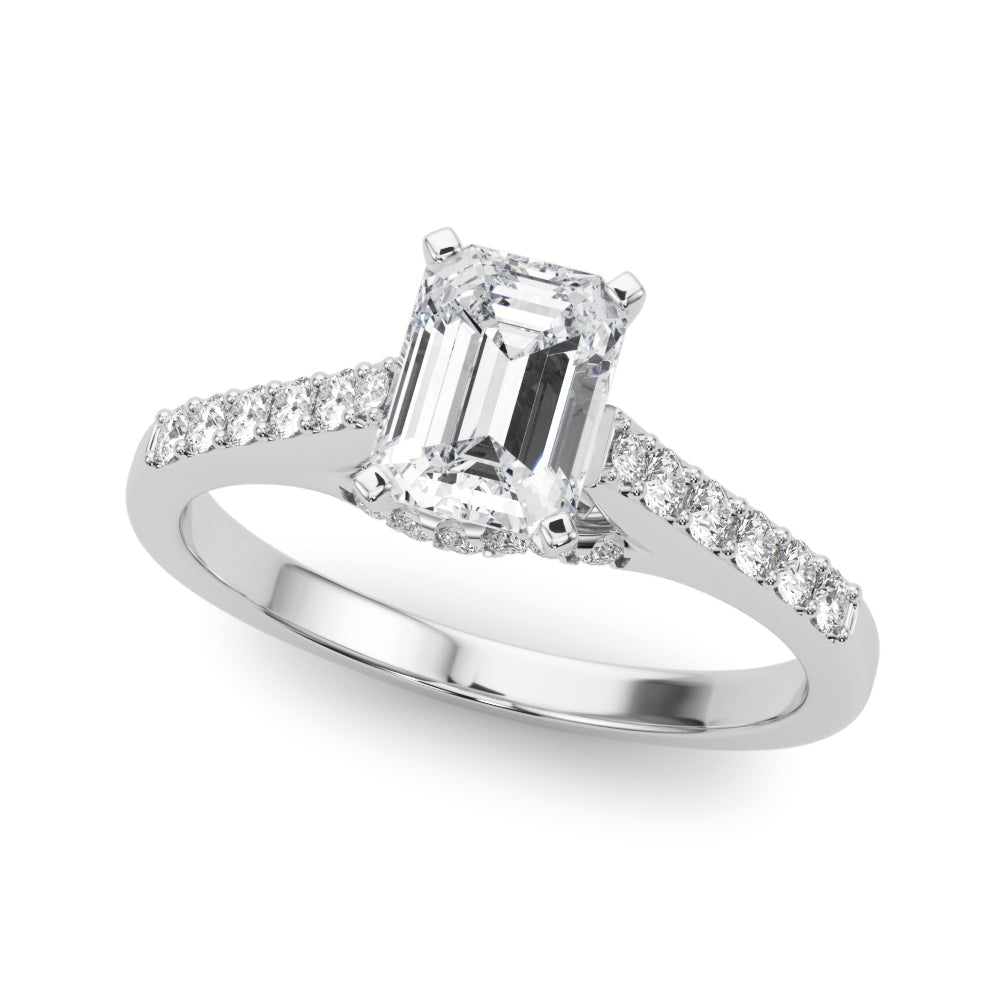 Platinum Emerald Solitaire Diamond Ring with Pavé Band and Four-Prong Setting