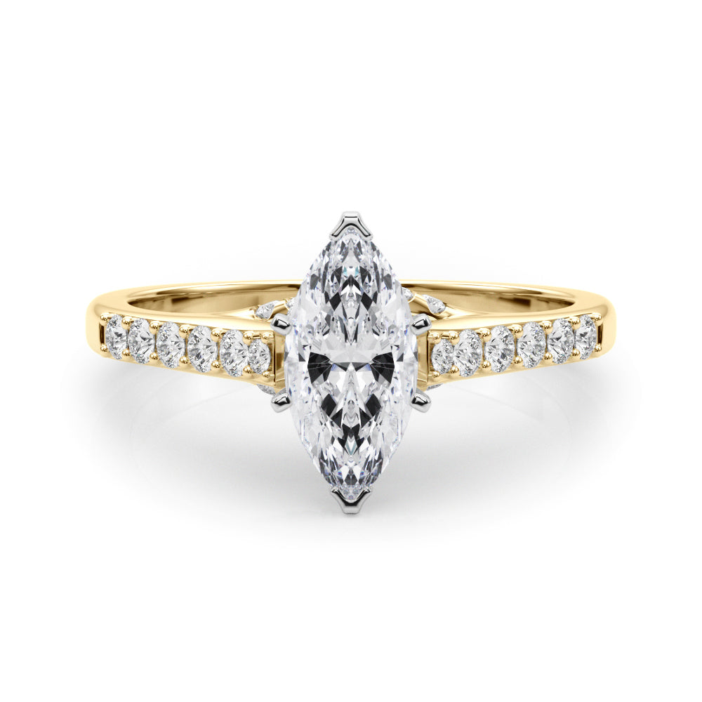 Yellow gold Marquise Solitaire Diamond Ring with Pavé Band and Four-Prong Setting