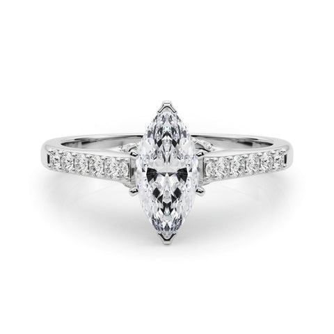 Platinum Marquise Solitaire Diamond Ring with Pavé Band and Four-Prong Setting