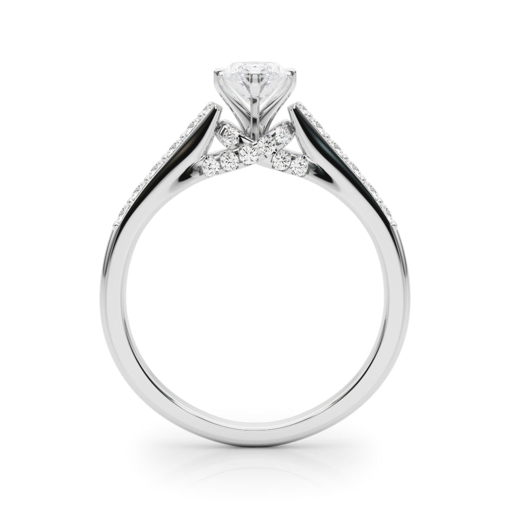 Silver Marquise Solitaire Diamond Ring with Pavé Band and Four-Prong Setting