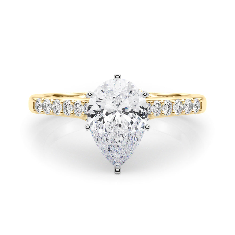 Yellow gold Pear Solitaire Diamond Ring with Pavé Band and Four-Prong Setting