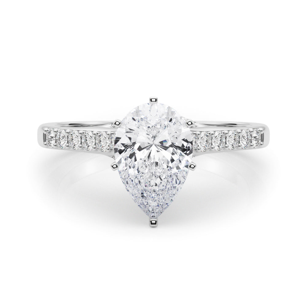 Platinum Pear Solitaire Diamond Ring with Pavé Band and Four-Prong Setting