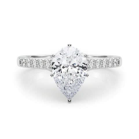 Platinum Pear Solitaire Diamond Ring with Pavé Band and Four-Prong Setting