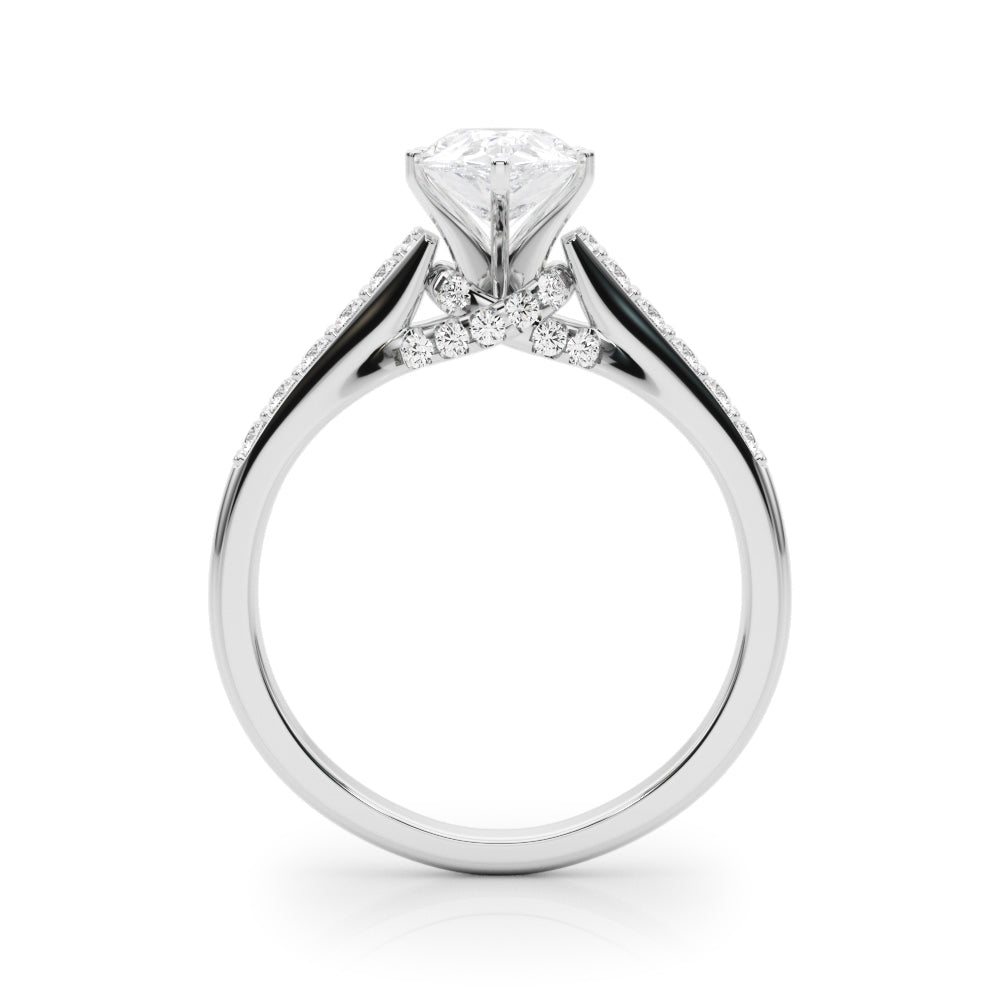 Platinum Pear Solitaire Diamond Ring with Pavé Band and Four-Prong Setting