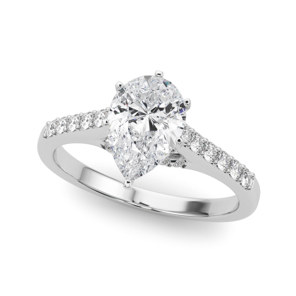 Platinum Pear Solitaire Diamond Ring with Pavé Band and Four-Prong Setting