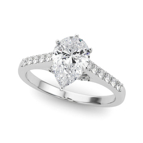 Platinum Pear Solitaire Diamond Ring with Pavé Band and Four-Prong Setting
