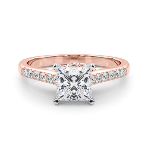 Rose gold Princess Solitaire Diamond Ring with Pavé Band and Four-Prong Setting