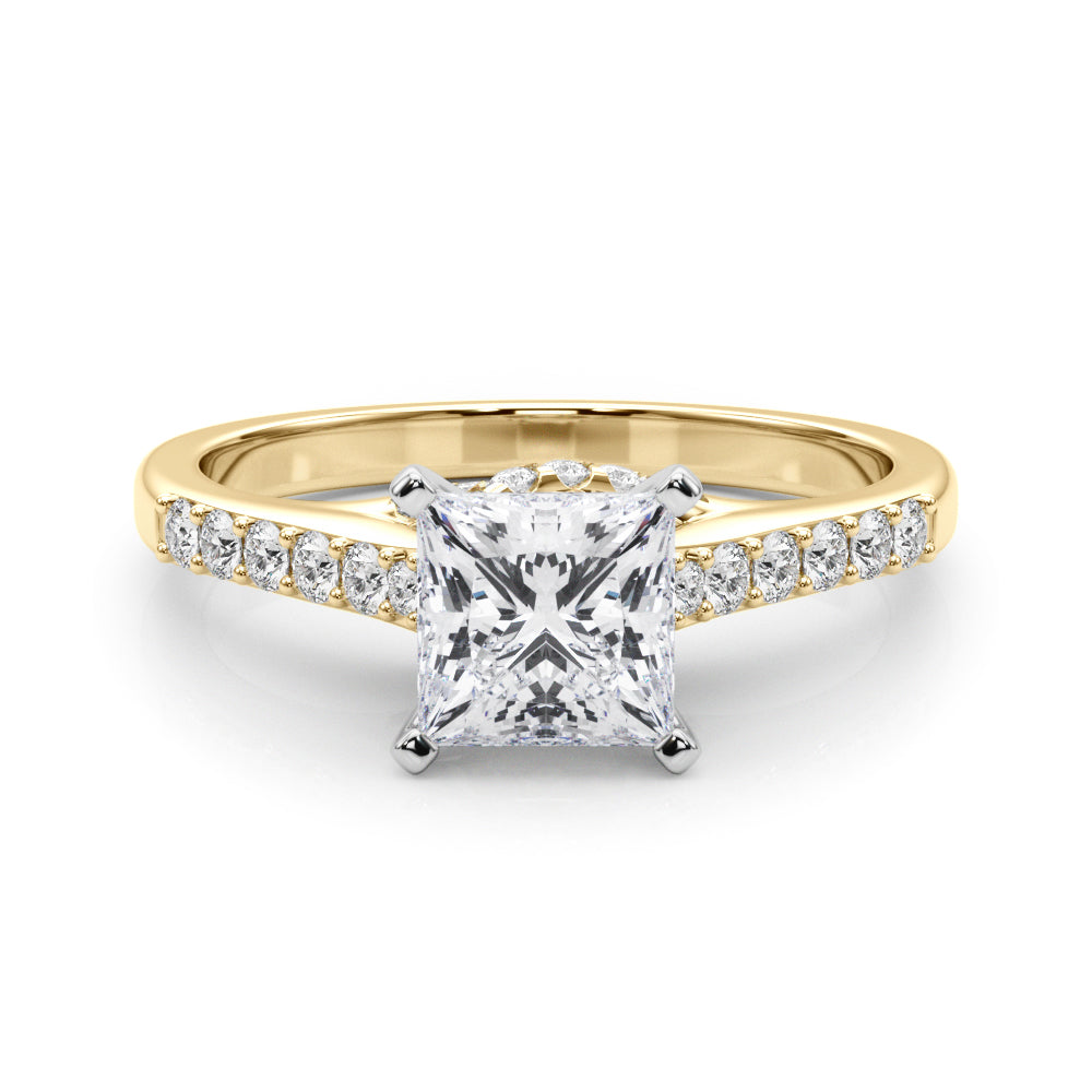 Yellow gold Princess Solitaire Diamond Ring with Pavé Band and Four-Prong Setting
