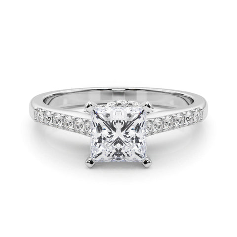 White gold Princess Solitaire Diamond Ring with Pavé Band and Four-Prong Setting