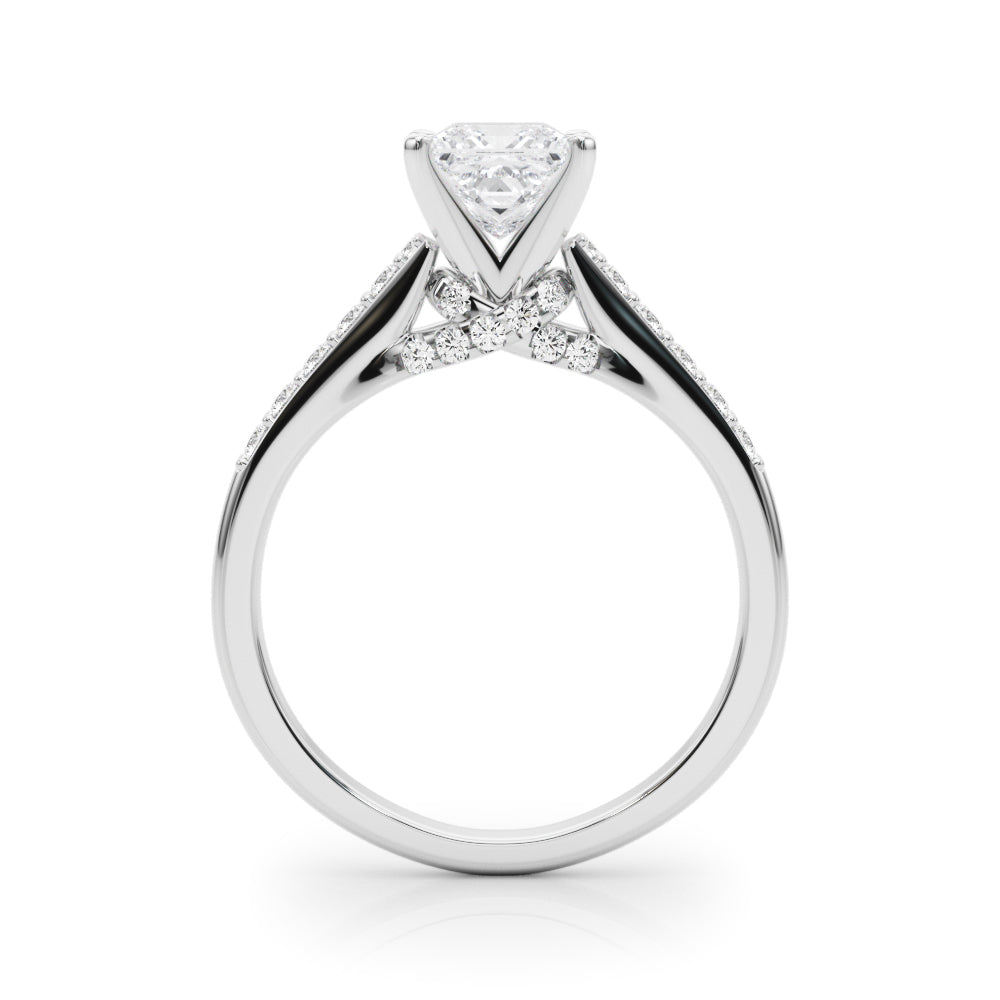 White gold Heart Solitaire Diamond Ring with Pavé Band and Four-Prong Setting