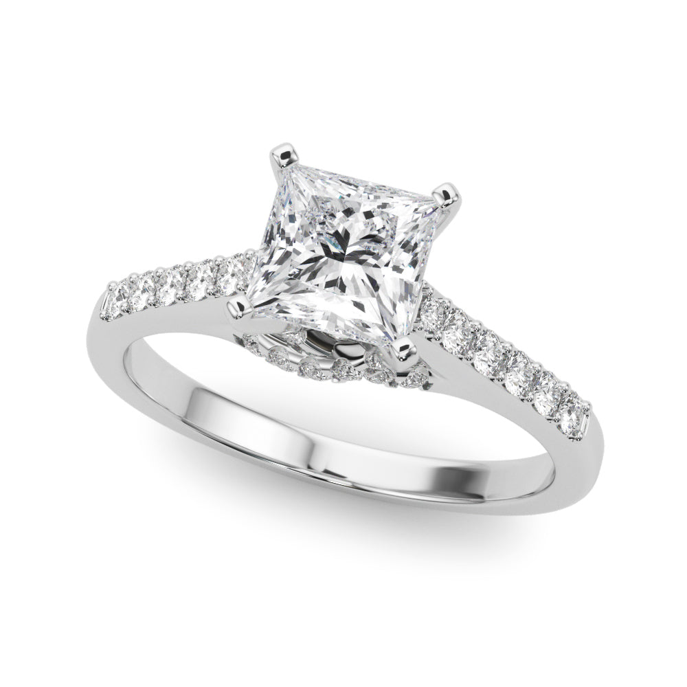 White gold Heart Solitaire Diamond Ring with Pavé Band and Four-Prong Setting