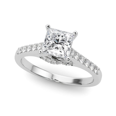 White gold Princess Solitaire Diamond Ring with Pavé Band and Four-Prong Setting