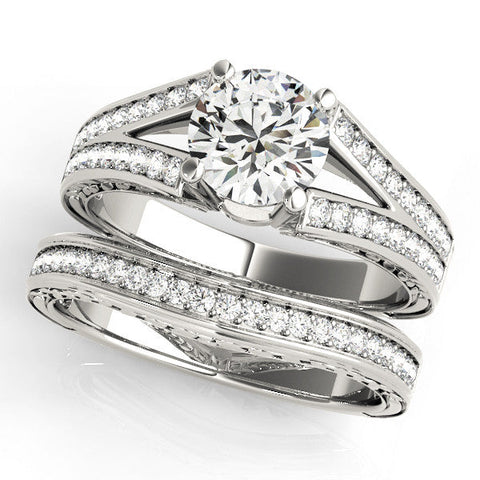 Platinum Round Cut Split Shank Pave Diamond Ring with Four-Prong Setting