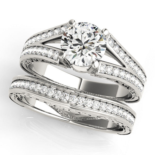 White gold Round Cut Split Shank Pave Diamond Ring with Four-Prong Setting