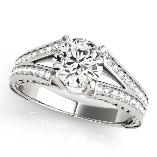 White gold Round Cut Split Shank Pave Diamond Ring with Four-Prong Setting