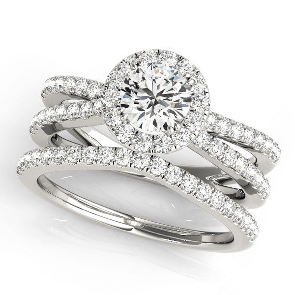 Silver Round Halo Split Shank Diamond Ring with Pavé Setting
