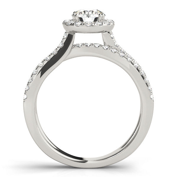 Silver Round Halo Split Shank Diamond Ring with Pavé Setting