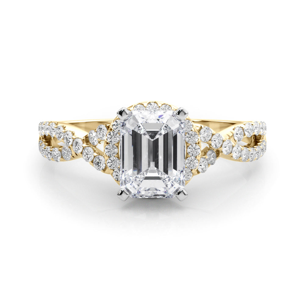 Yellow gold Emerald Halo Twist Band Solitaire Prong Setting Ring